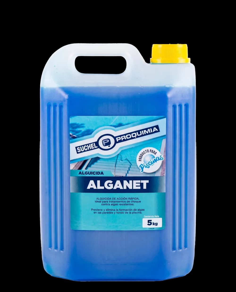 Envase de Alganet, alguicida y bactericida para piscinas de Suchel-Proquimia.